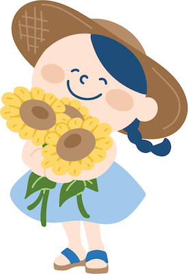笑顔でひまわりの花を抱えている女の子のイラスト